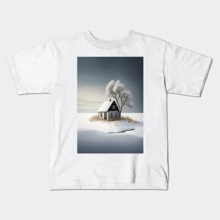 Minimalist Winter Landscape Isolated Cottage Snow Covered Tree Kids T-Shirt